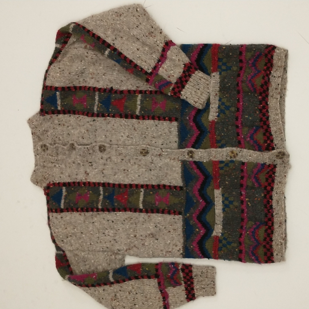 Colorful Handknit Cardigan Sweater Natural Undyed Wool Pockets Bold Pattern SeeM - Picture 3 of 13